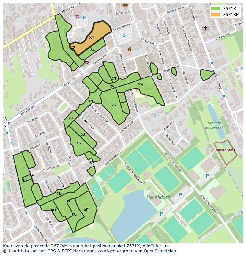Afbeelding van het postcodegebied 7671 XM op de kaart.