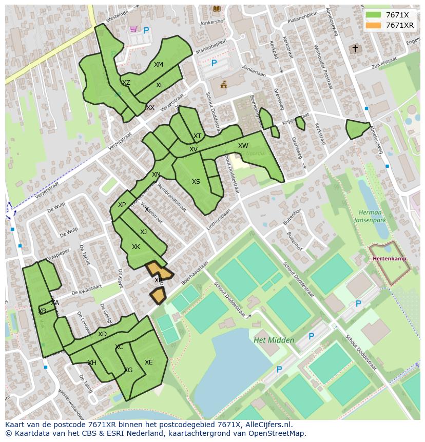 Afbeelding van het postcodegebied 7671 XR op de kaart.