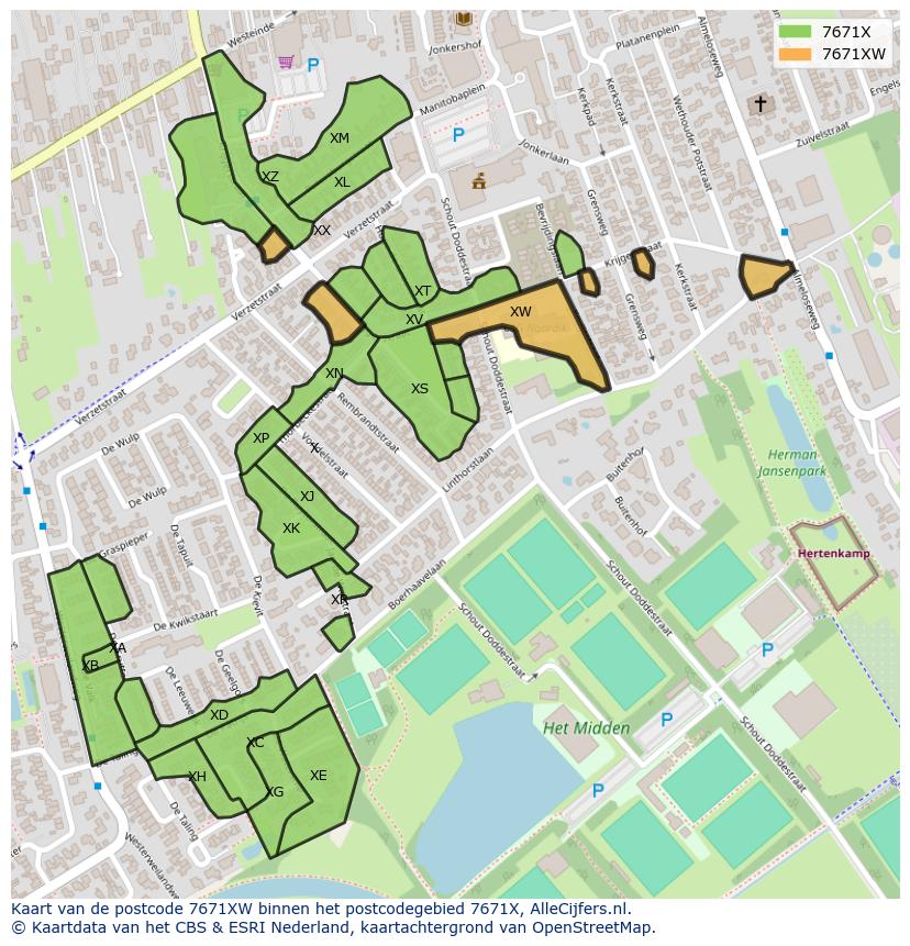 Afbeelding van het postcodegebied 7671 XW op de kaart.
