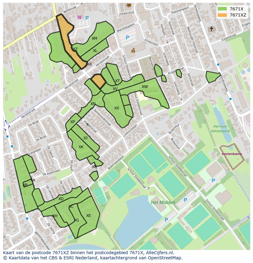 Afbeelding van het postcodegebied 7671 XZ op de kaart.