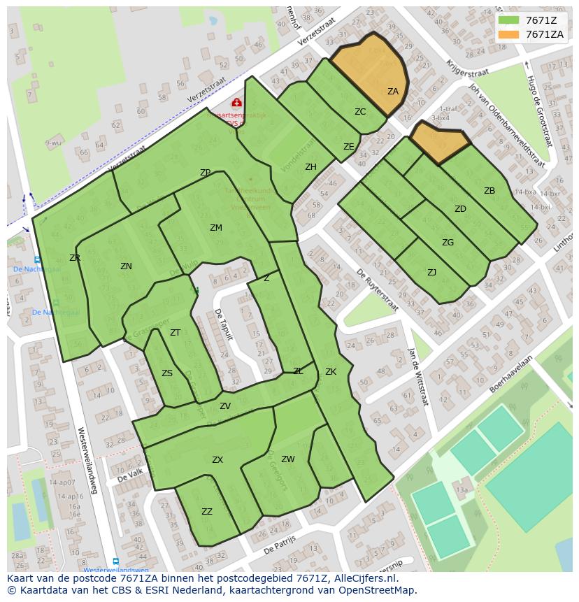 Afbeelding van het postcodegebied 7671 ZA op de kaart.