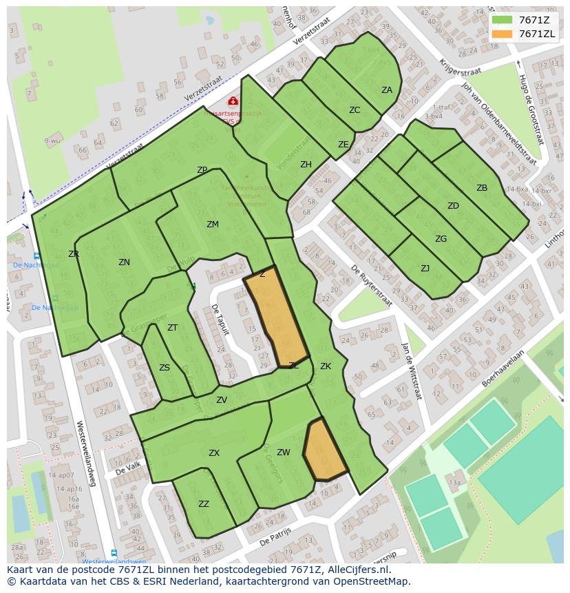 Afbeelding van het postcodegebied 7671 ZL op de kaart.