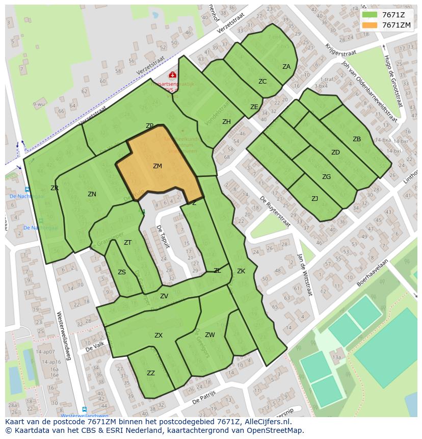 Afbeelding van het postcodegebied 7671 ZM op de kaart.
