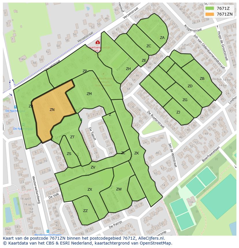 Afbeelding van het postcodegebied 7671 ZN op de kaart.