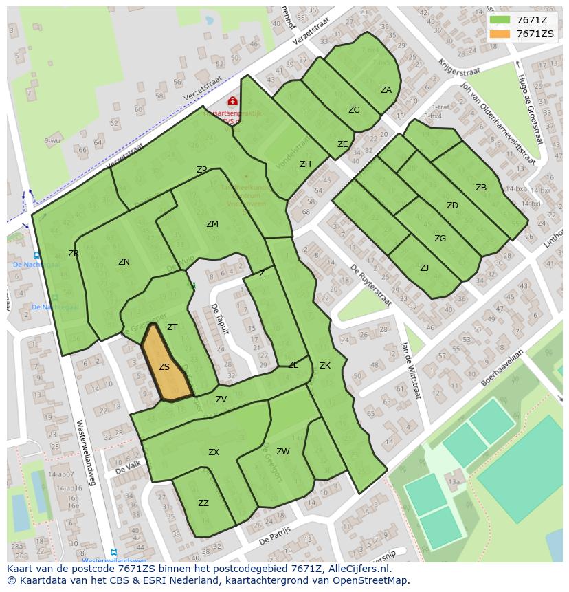 Afbeelding van het postcodegebied 7671 ZS op de kaart.