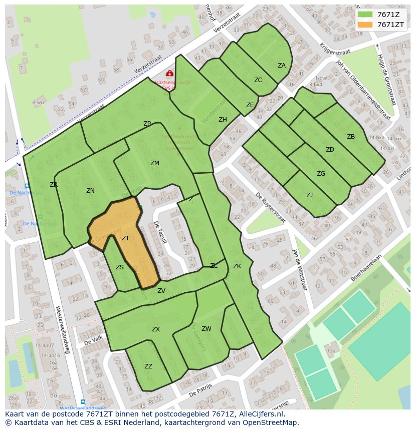 Afbeelding van het postcodegebied 7671 ZT op de kaart.