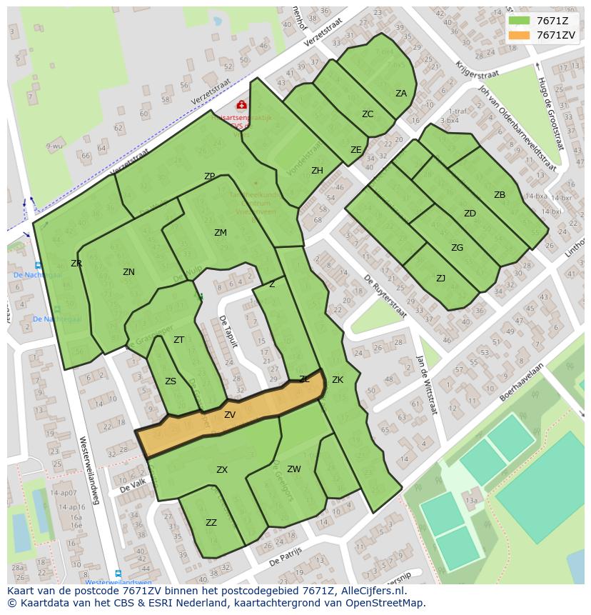 Afbeelding van het postcodegebied 7671 ZV op de kaart.