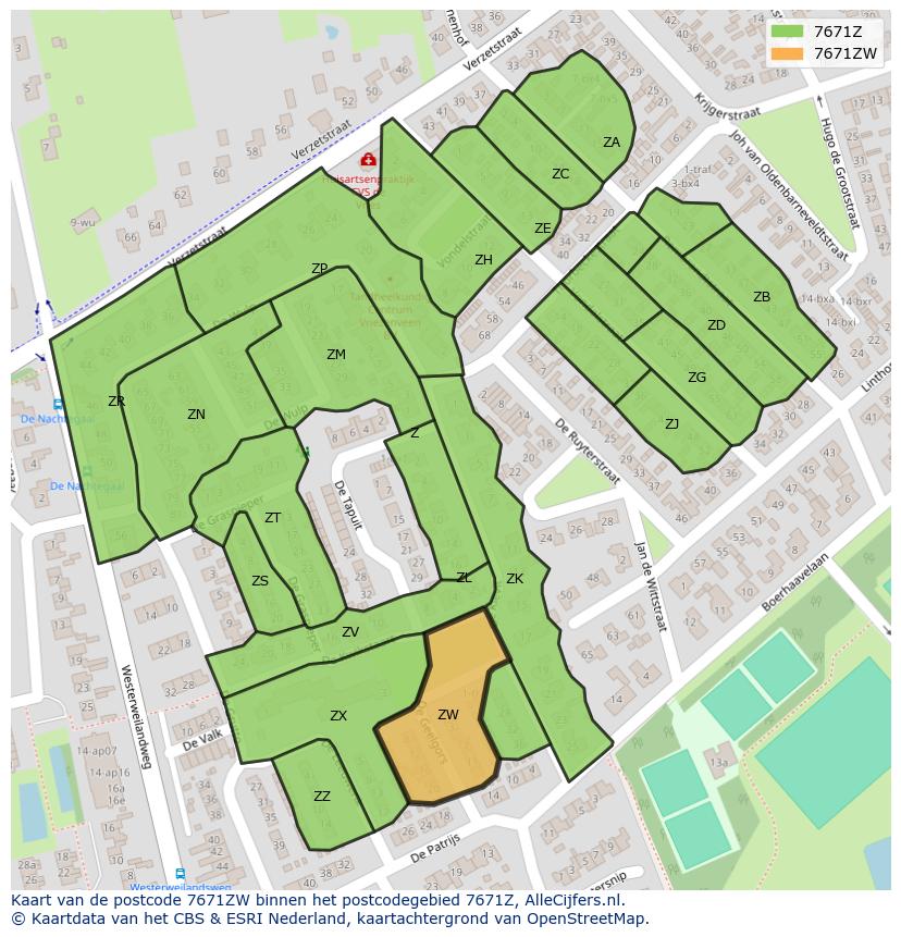 Afbeelding van het postcodegebied 7671 ZW op de kaart.