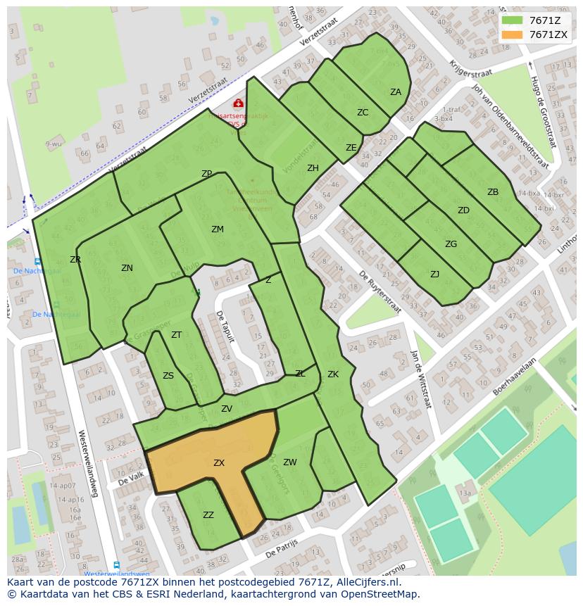 Afbeelding van het postcodegebied 7671 ZX op de kaart.