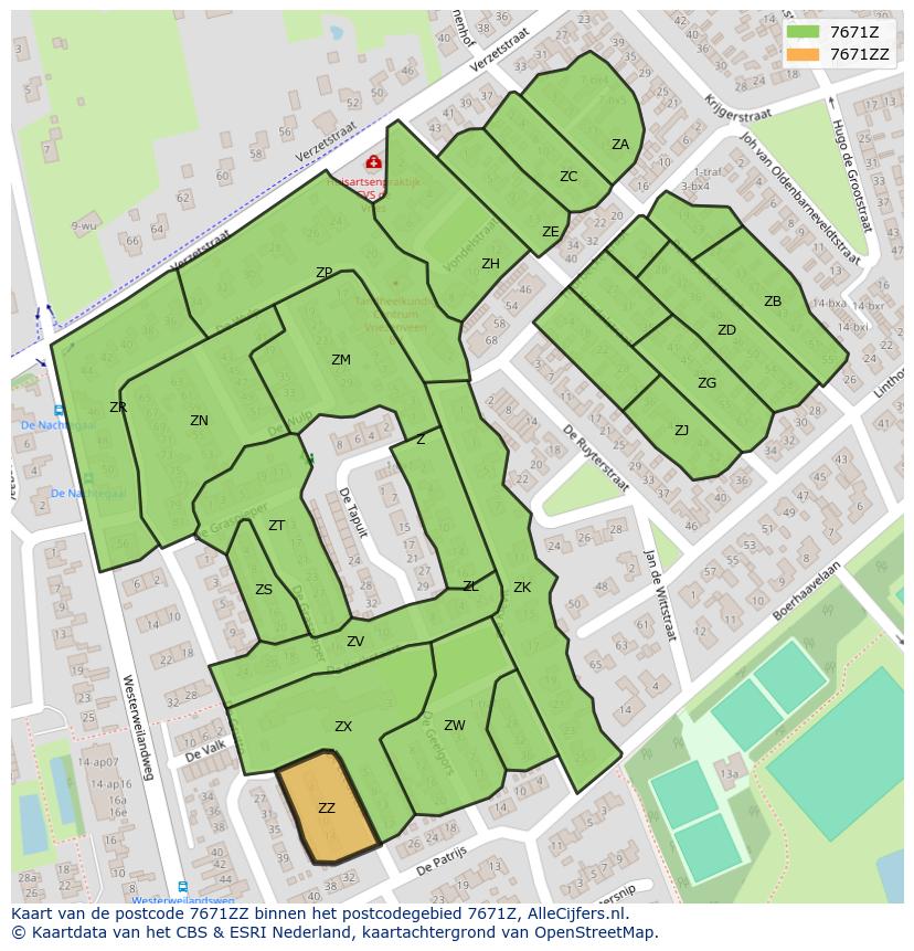 Afbeelding van het postcodegebied 7671 ZZ op de kaart.