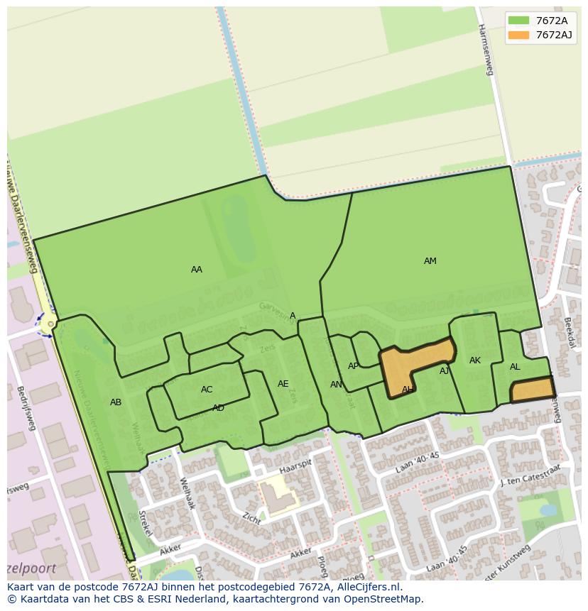 Afbeelding van het postcodegebied 7672 AJ op de kaart.