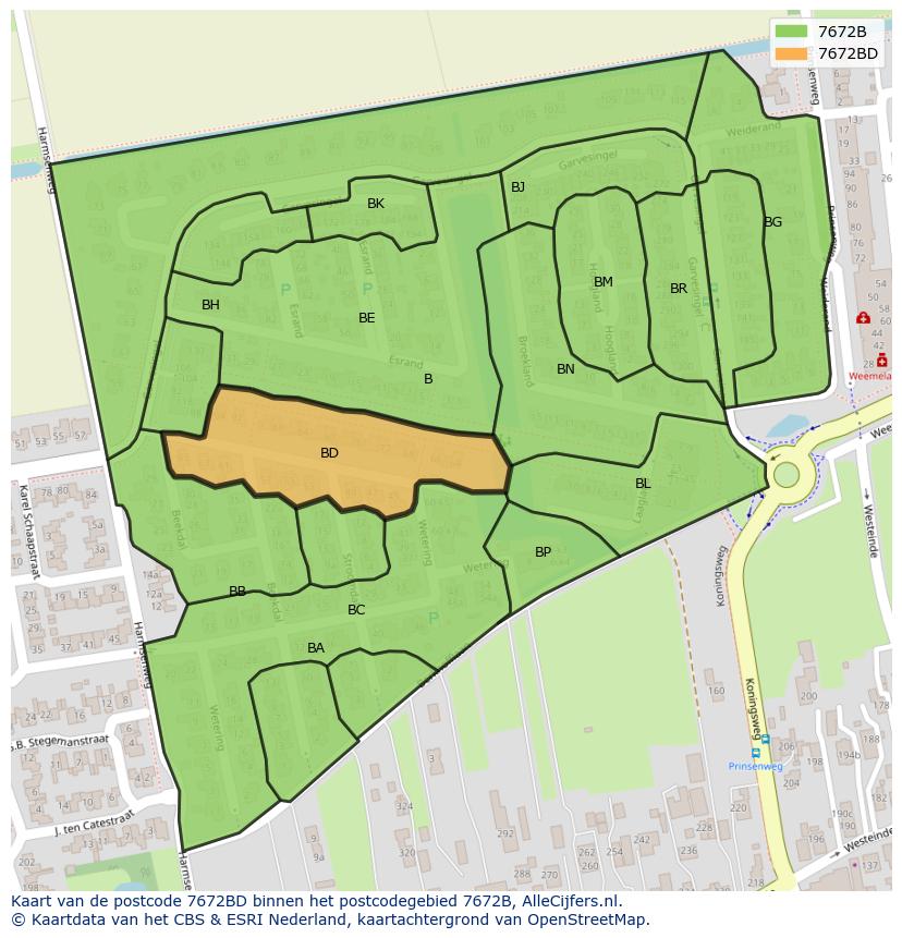 Afbeelding van het postcodegebied 7672 BD op de kaart.