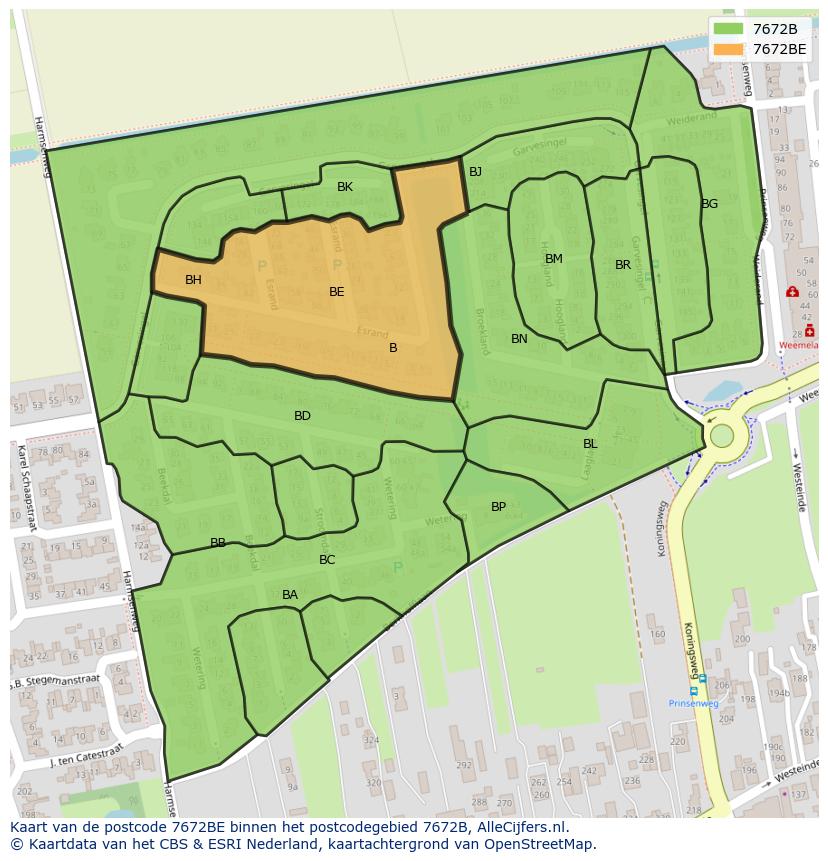 Afbeelding van het postcodegebied 7672 BE op de kaart.