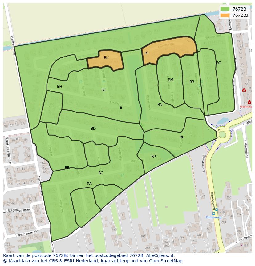 Afbeelding van het postcodegebied 7672 BJ op de kaart.