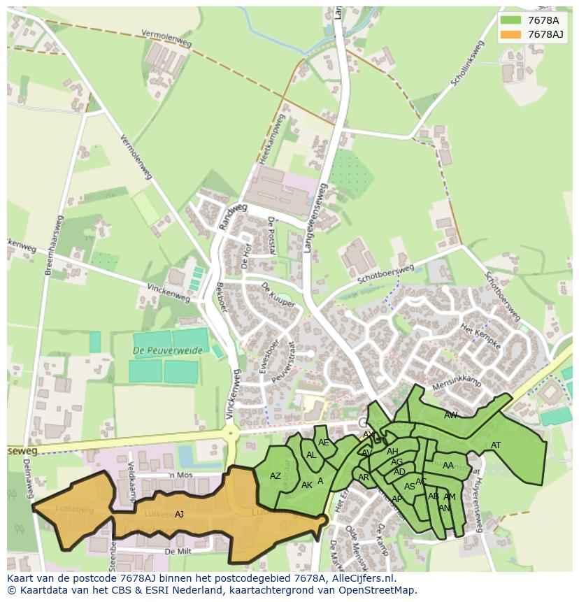 Afbeelding van het postcodegebied 7678 AJ op de kaart.