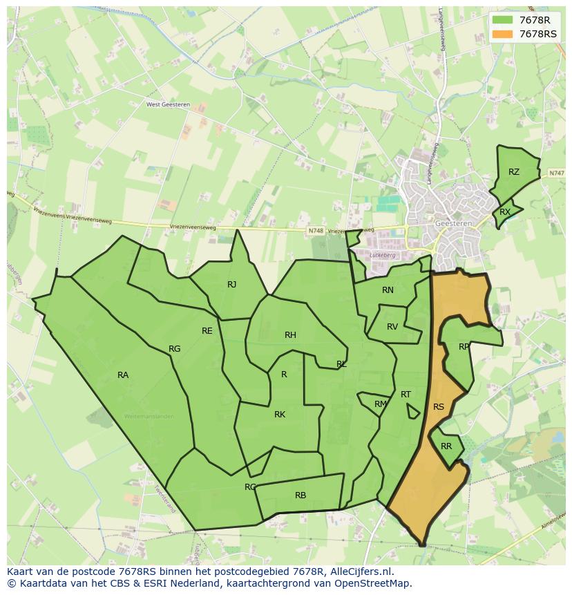 Afbeelding van het postcodegebied 7678 RS op de kaart.
