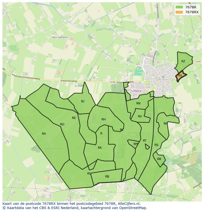 Afbeelding van het postcodegebied 7678 RX op de kaart.
