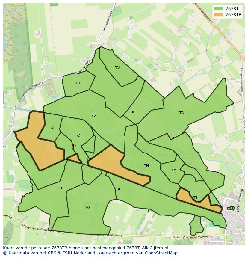 Afbeelding van het postcodegebied 7678 TB op de kaart.