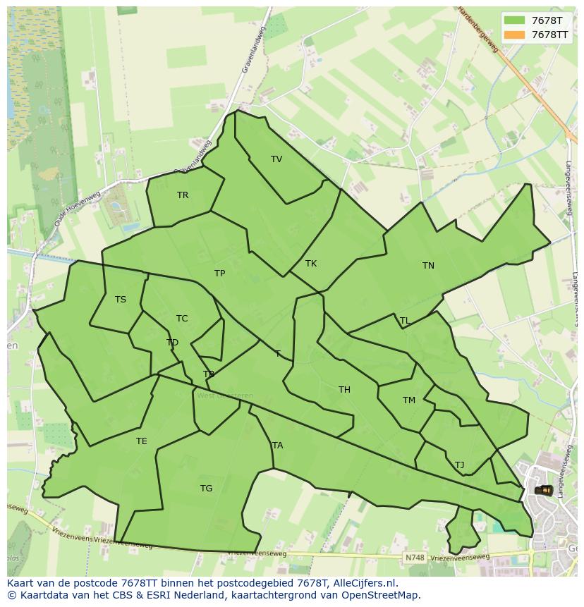 Afbeelding van het postcodegebied 7678 TT op de kaart.