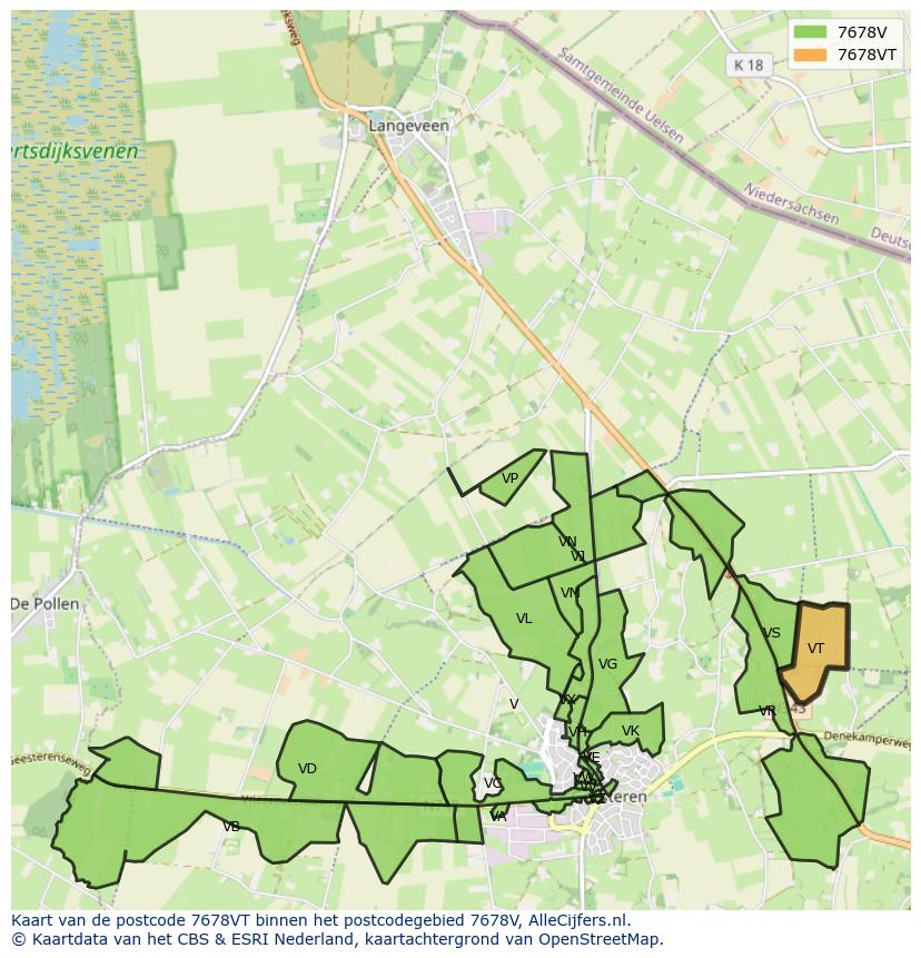 Afbeelding van het postcodegebied 7678 VT op de kaart.