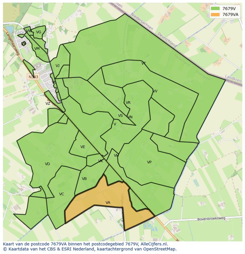 Afbeelding van het postcodegebied 7679 VA op de kaart.