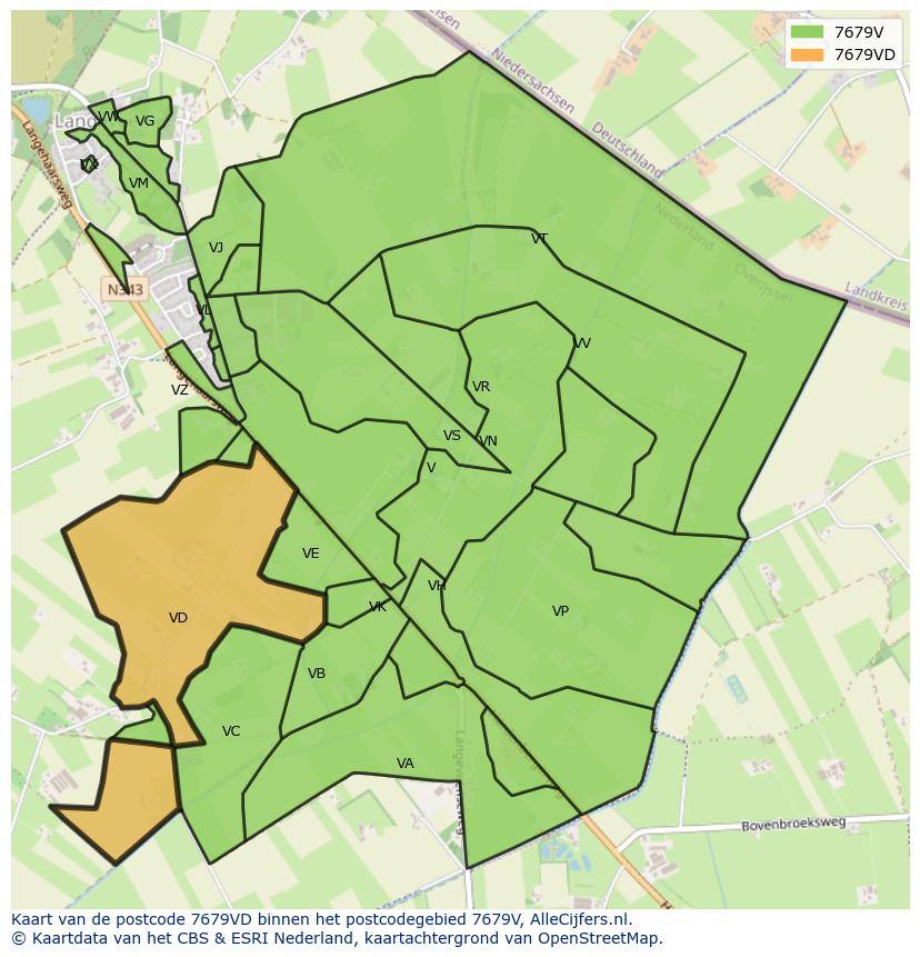 Afbeelding van het postcodegebied 7679 VD op de kaart.