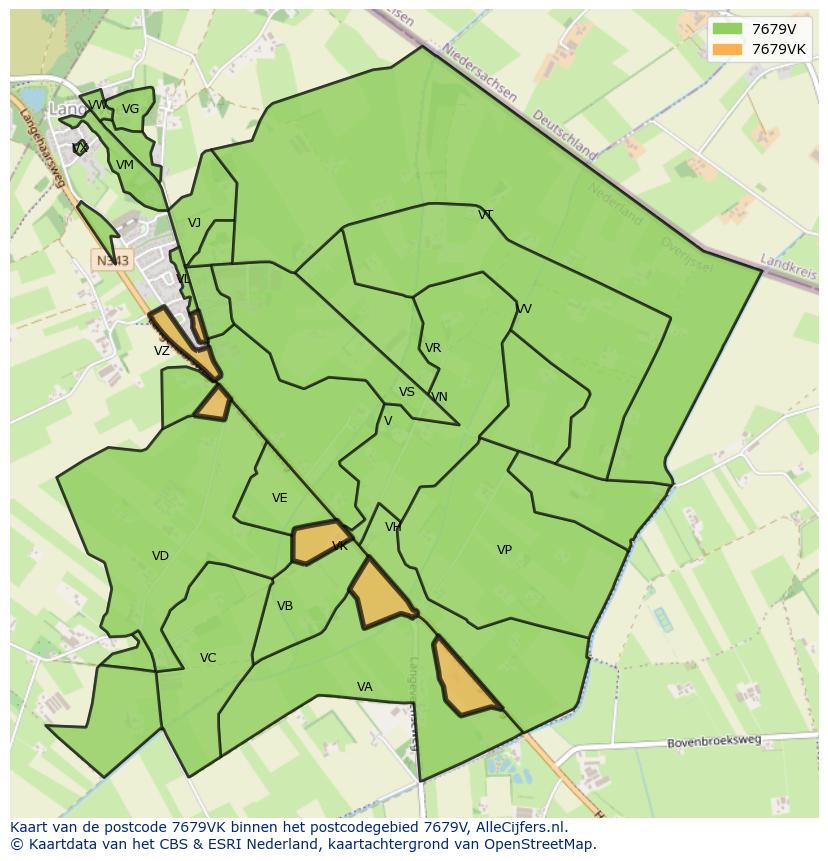 Afbeelding van het postcodegebied 7679 VK op de kaart.