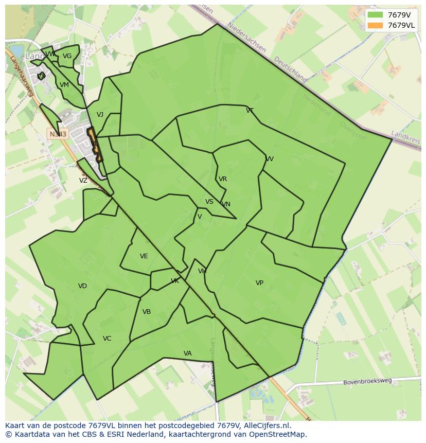 Afbeelding van het postcodegebied 7679 VL op de kaart.