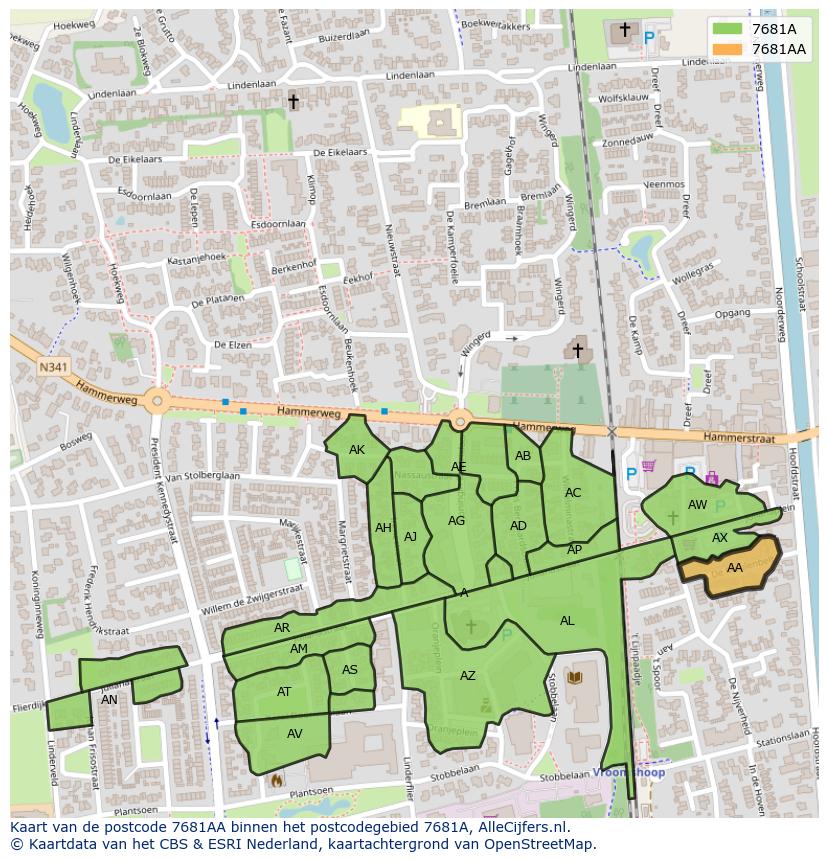 Afbeelding van het postcodegebied 7681 AA op de kaart.