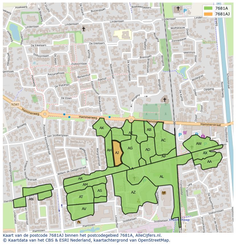 Afbeelding van het postcodegebied 7681 AJ op de kaart.