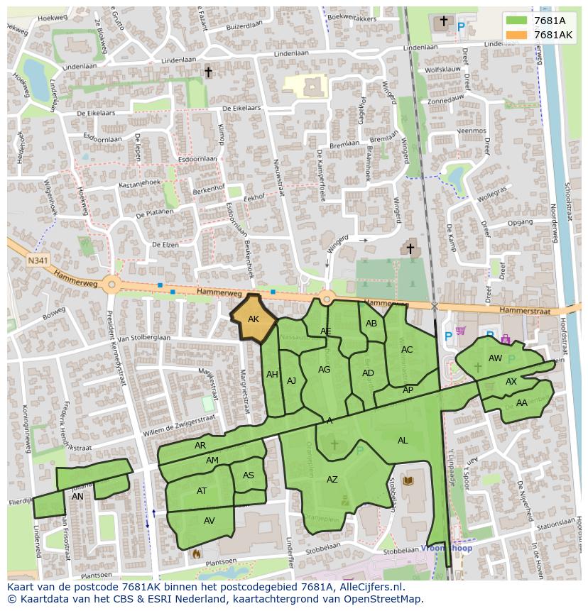Afbeelding van het postcodegebied 7681 AK op de kaart.