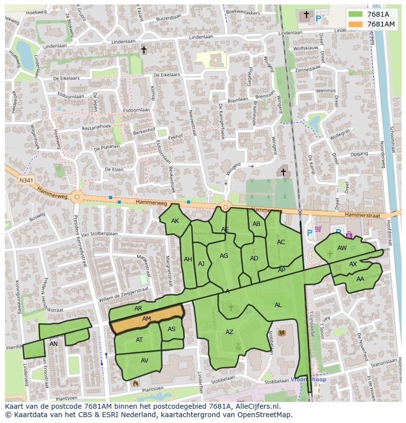 Afbeelding van het postcodegebied 7681 AM op de kaart.