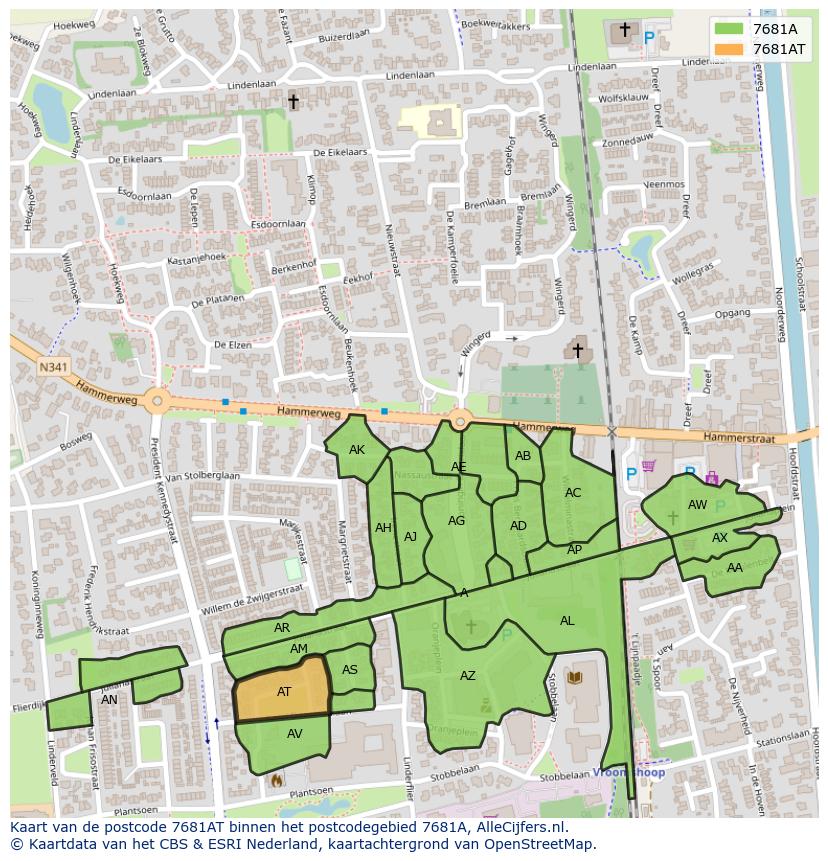 Afbeelding van het postcodegebied 7681 AT op de kaart.