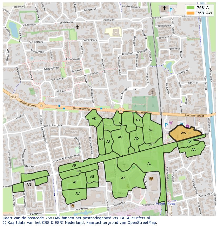 Afbeelding van het postcodegebied 7681 AW op de kaart.