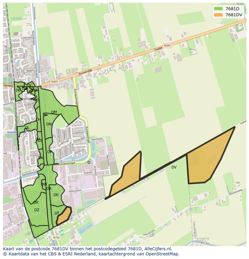 Afbeelding van het postcodegebied 7681 DV op de kaart.