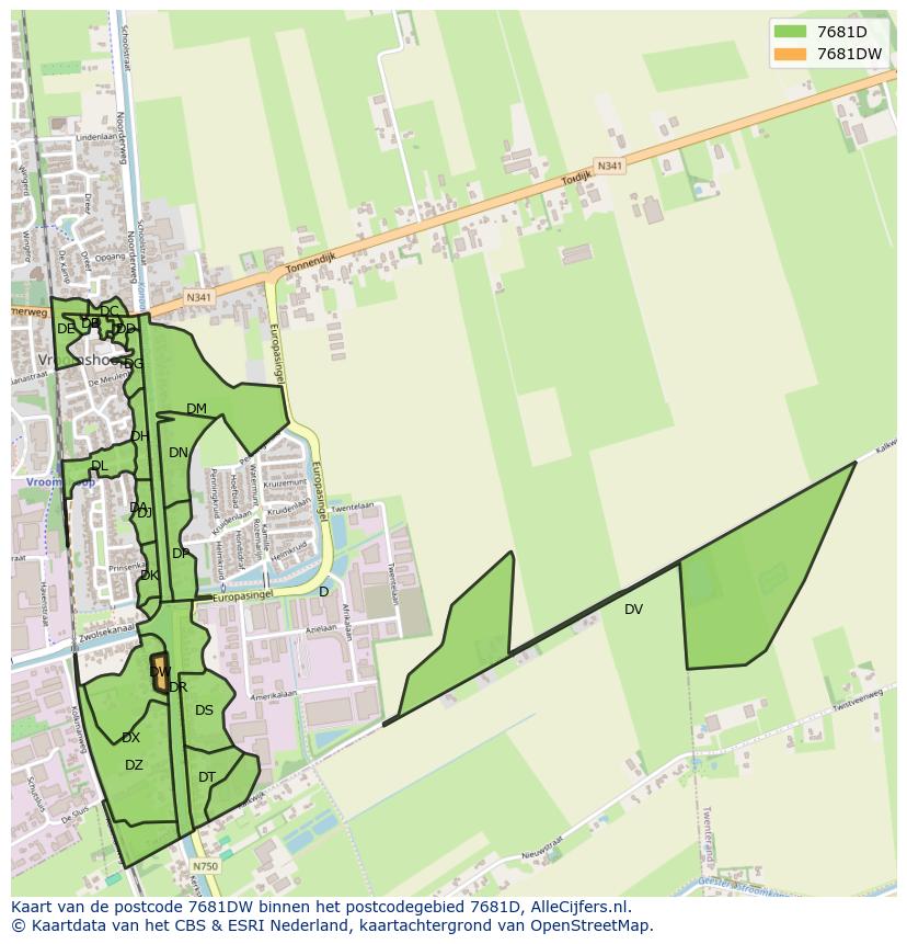 Afbeelding van het postcodegebied 7681 DW op de kaart.