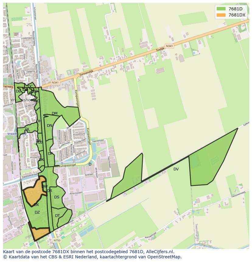 Afbeelding van het postcodegebied 7681 DX op de kaart.