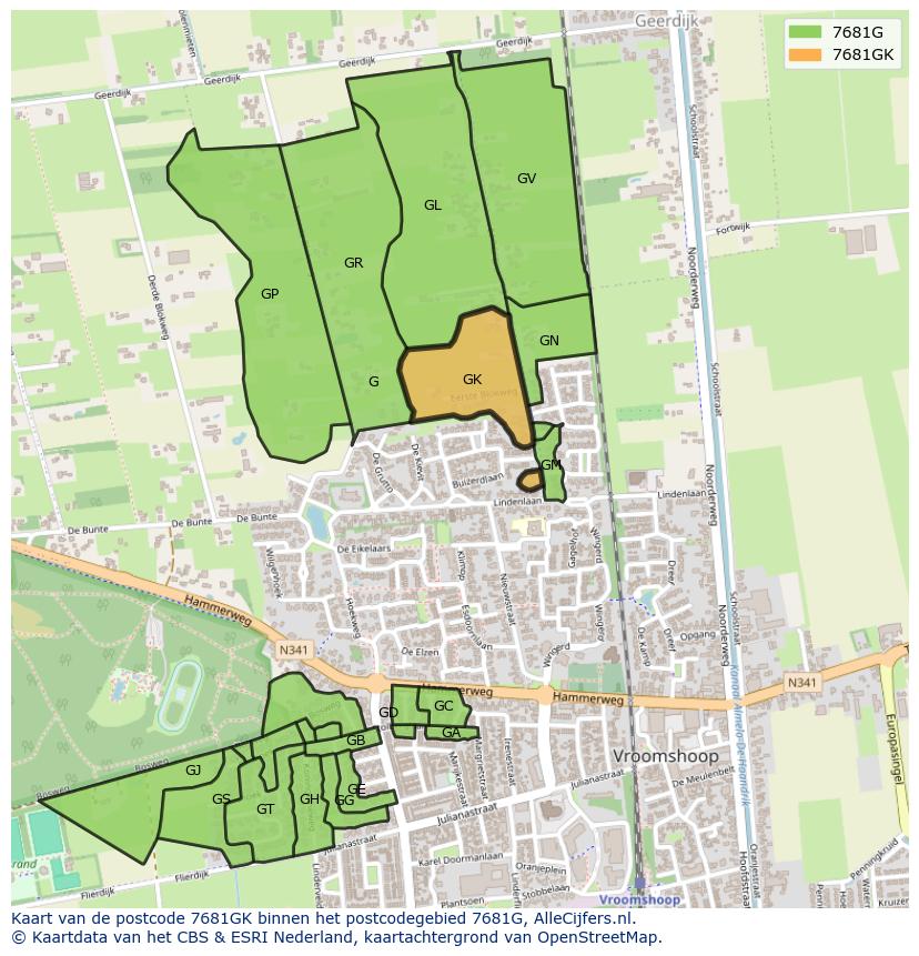Afbeelding van het postcodegebied 7681 GK op de kaart.