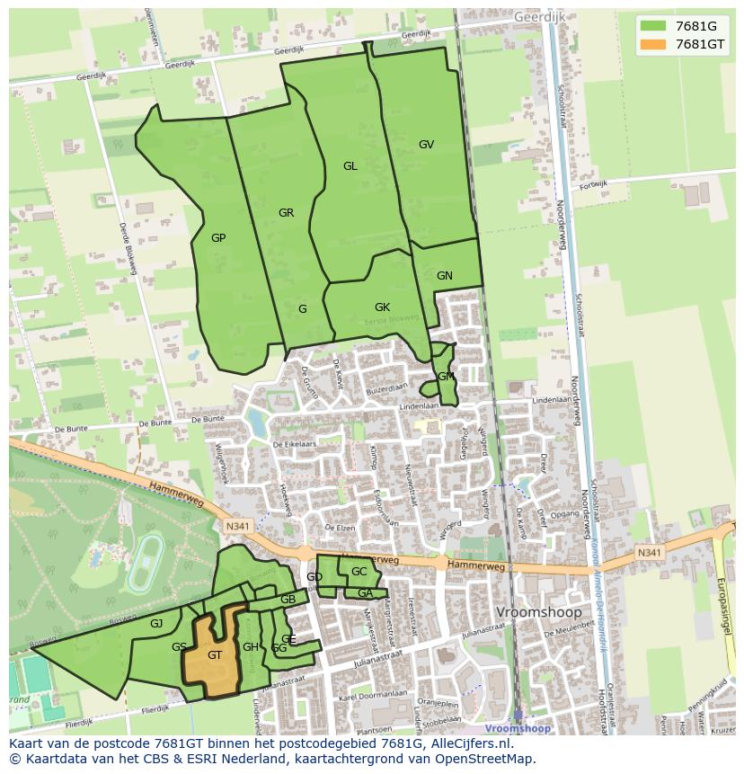 Afbeelding van het postcodegebied 7681 GT op de kaart.