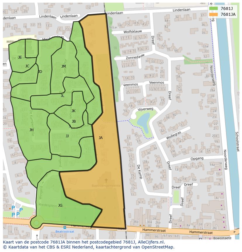 Afbeelding van het postcodegebied 7681 JA op de kaart.