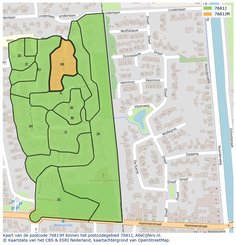 Afbeelding van het postcodegebied 7681 JM op de kaart.