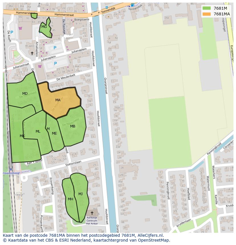 Afbeelding van het postcodegebied 7681 MA op de kaart.
