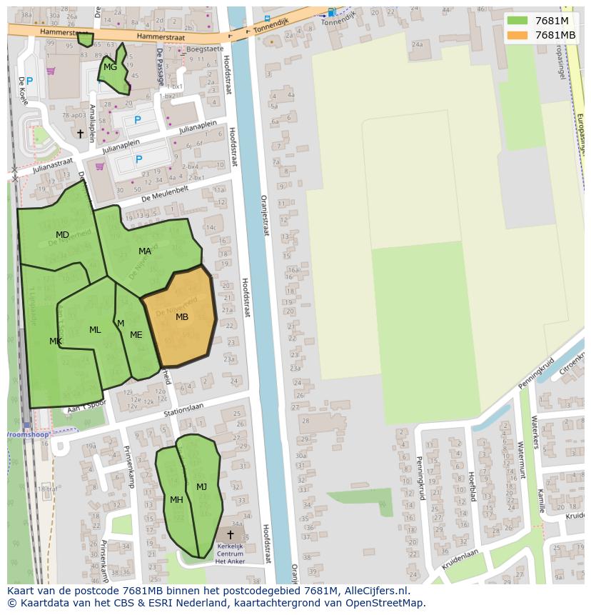 Afbeelding van het postcodegebied 7681 MB op de kaart.