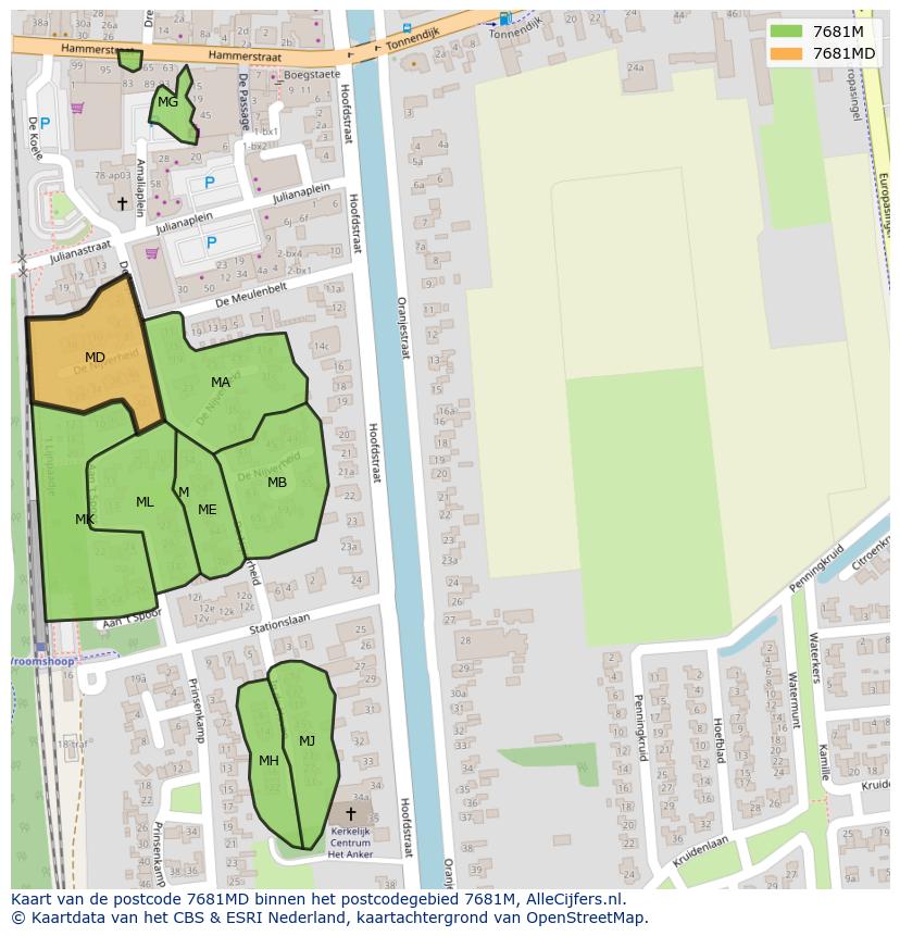 Afbeelding van het postcodegebied 7681 MD op de kaart.