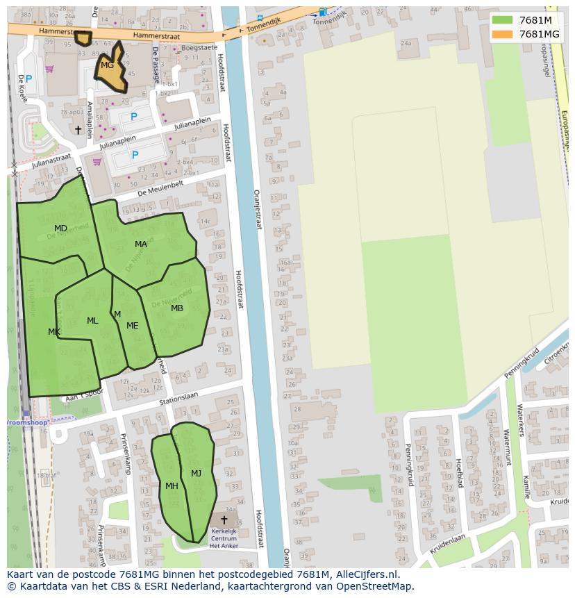 Afbeelding van het postcodegebied 7681 MG op de kaart.