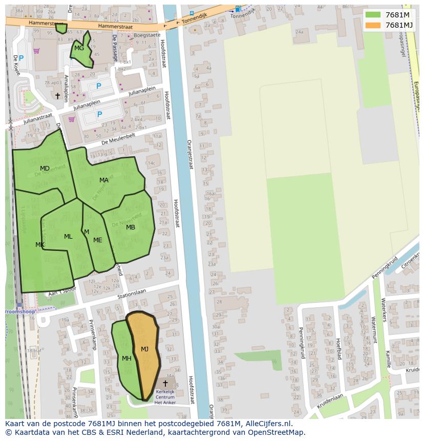 Afbeelding van het postcodegebied 7681 MJ op de kaart.