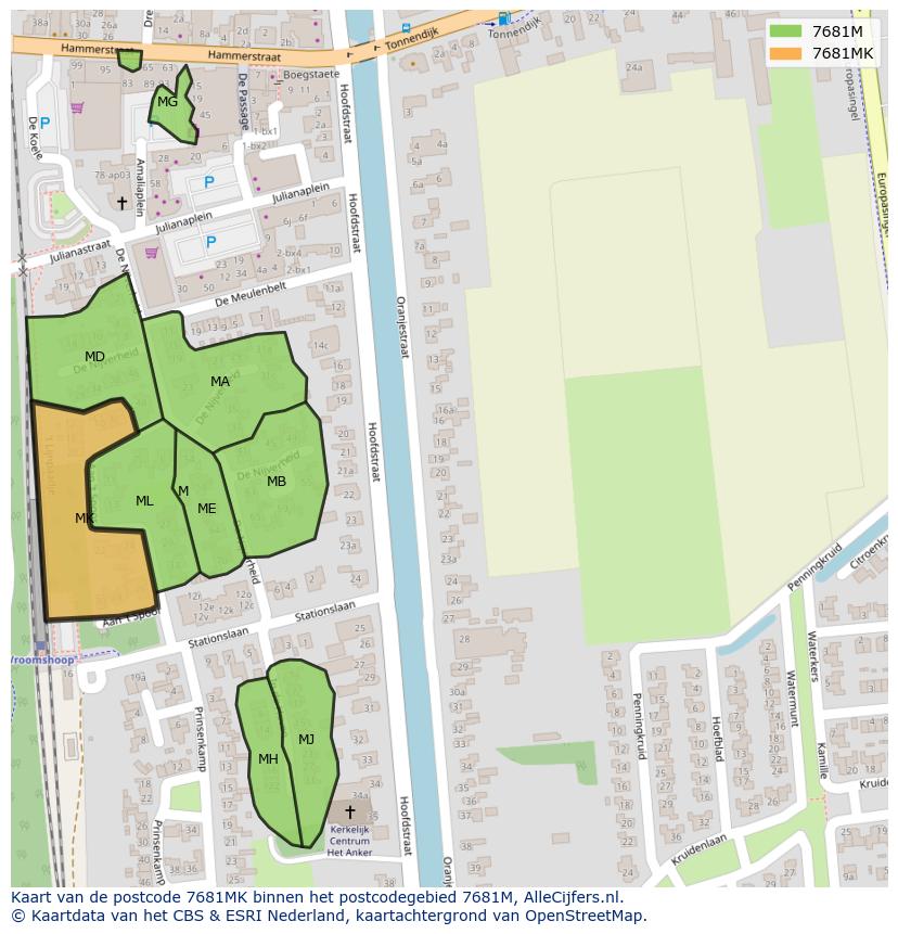 Afbeelding van het postcodegebied 7681 MK op de kaart.