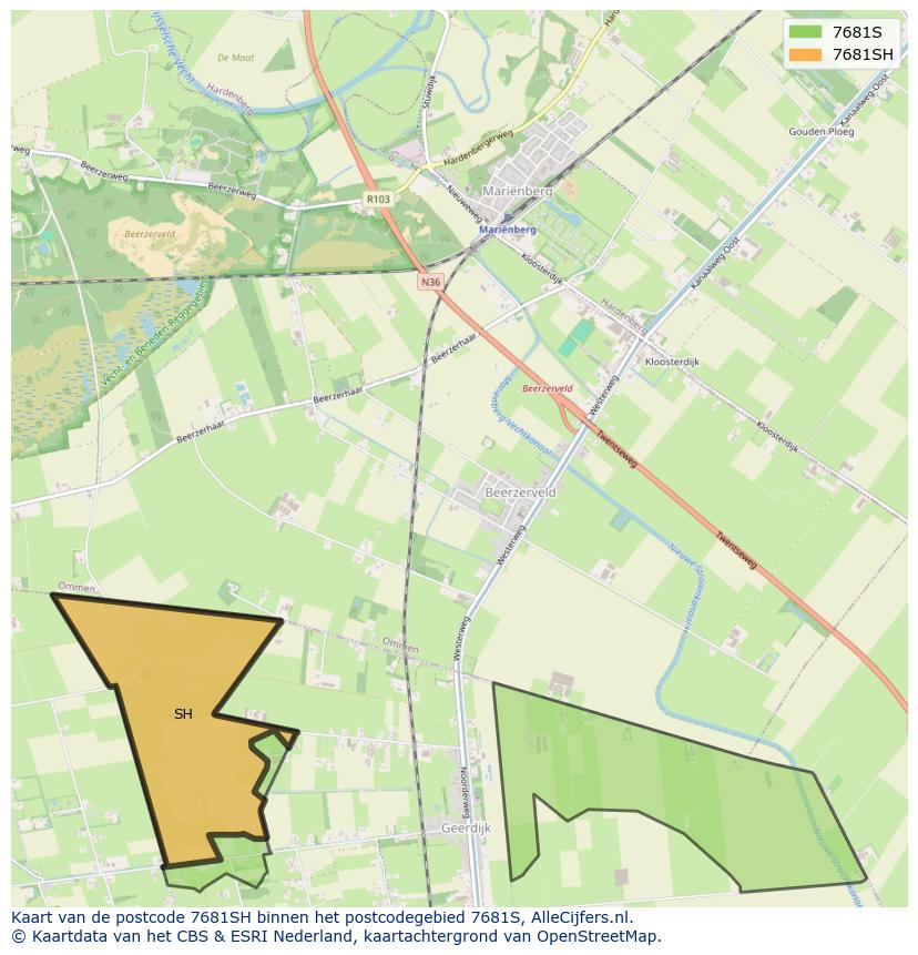 Afbeelding van het postcodegebied 7681 SH op de kaart.