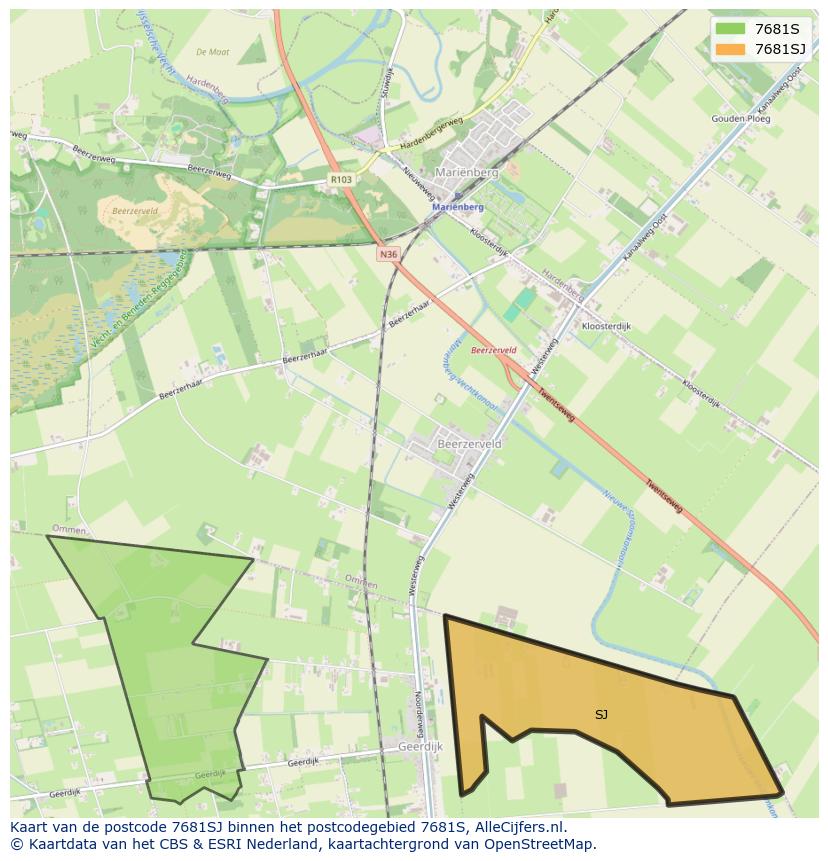 Afbeelding van het postcodegebied 7681 SJ op de kaart.