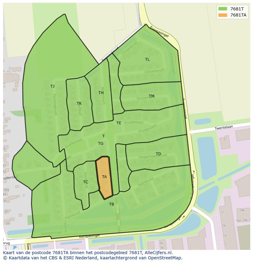 Afbeelding van het postcodegebied 7681 TA op de kaart.